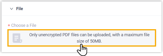 Uploading a PDF in the File section of the fax form