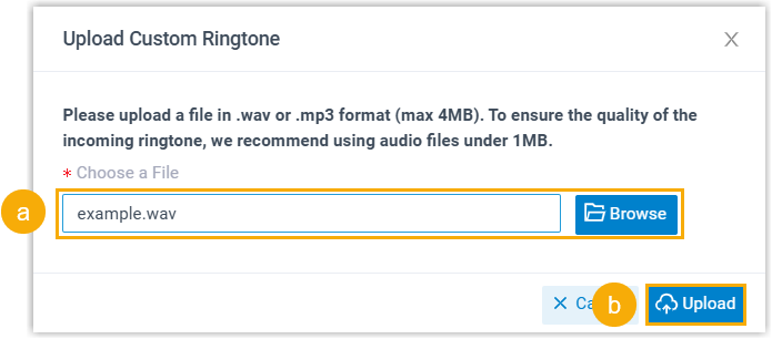 Upload dialog for selecting a custom ringtone file from your computer