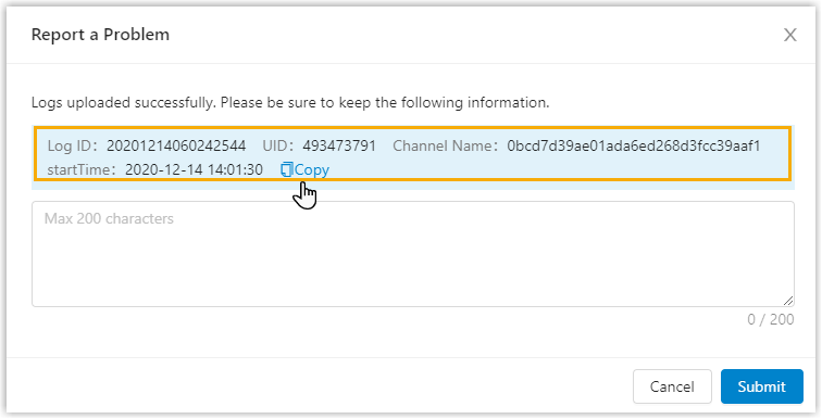 Log upload confirmation window shown during a meeting