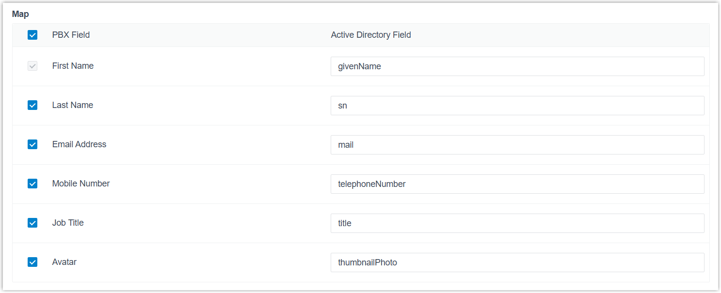 Field mapping between Active Directory and Cloud Voice extensions
