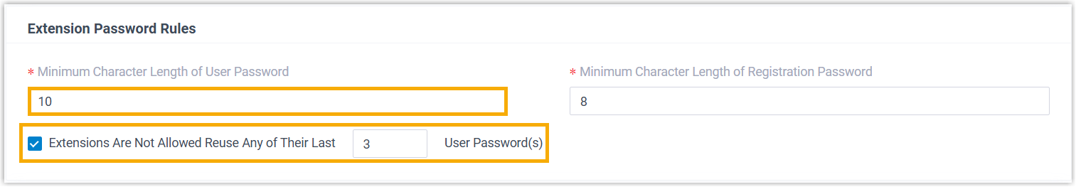 Extension password rules defining minimum length and password reuse limits