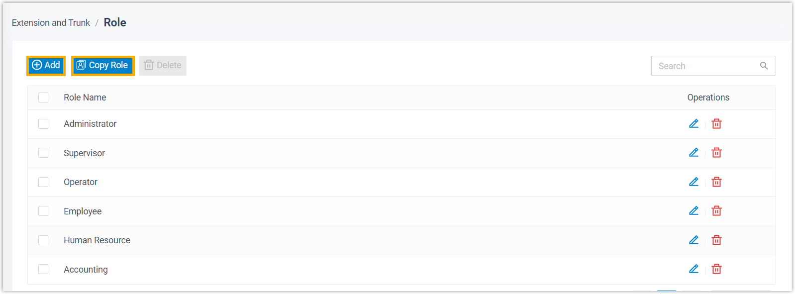 Role management page with options to add a new role or copy an existing one