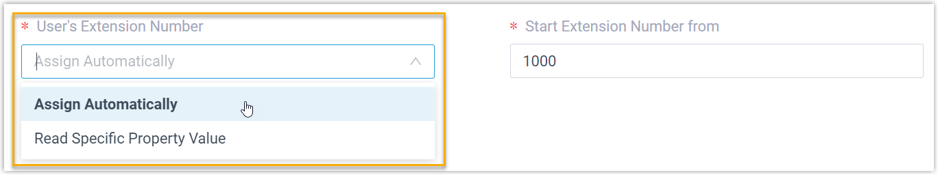 The User's Extension Number drop-down with numbering options