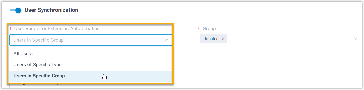 The User Range for Extension Auto Creation drop-down showing the available scope options