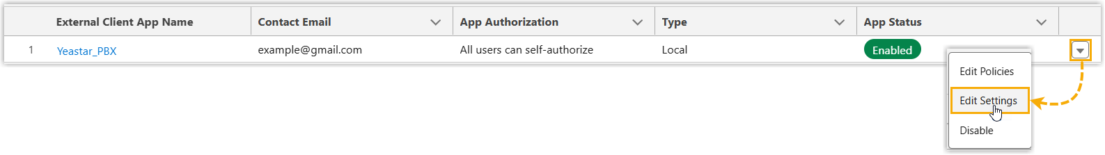 Cloud Voice, opening the settings for the external client app
