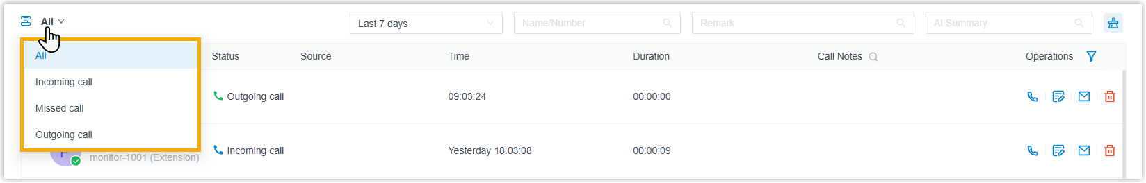 Call Logs page with the communication-type filter open