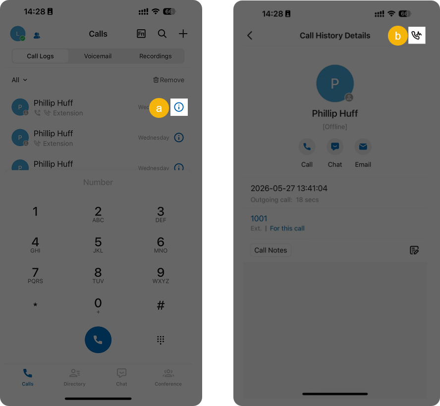 The call quality report open on a mobile phone