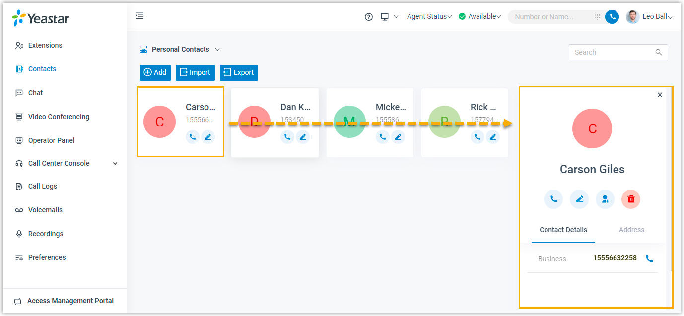Cloud Voice, the detail view for a single personal contact