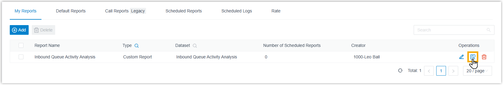 The saved custom report open with its data displayed