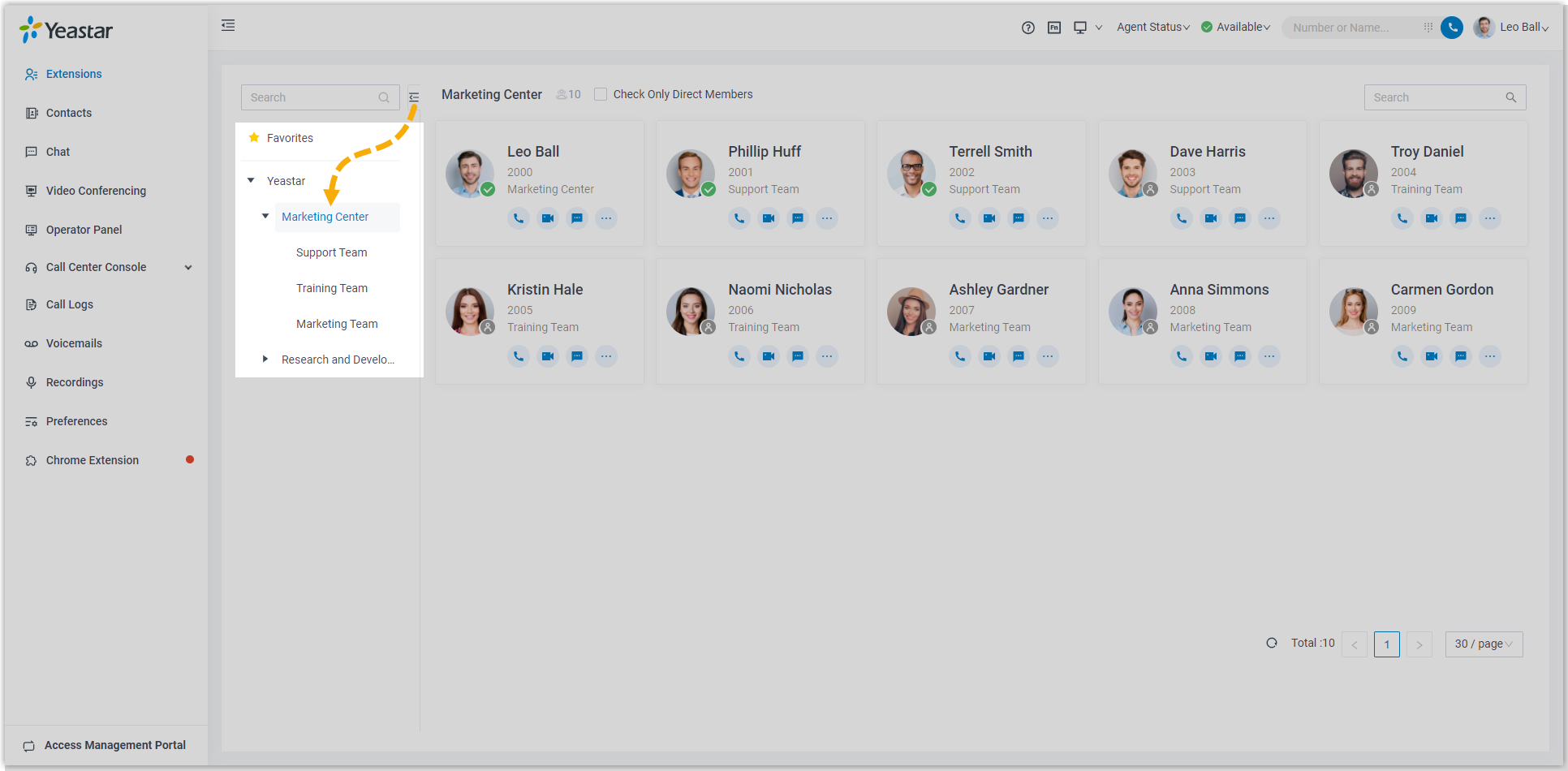 Cloud Voice, extension directory filtered by department in the organizational tree