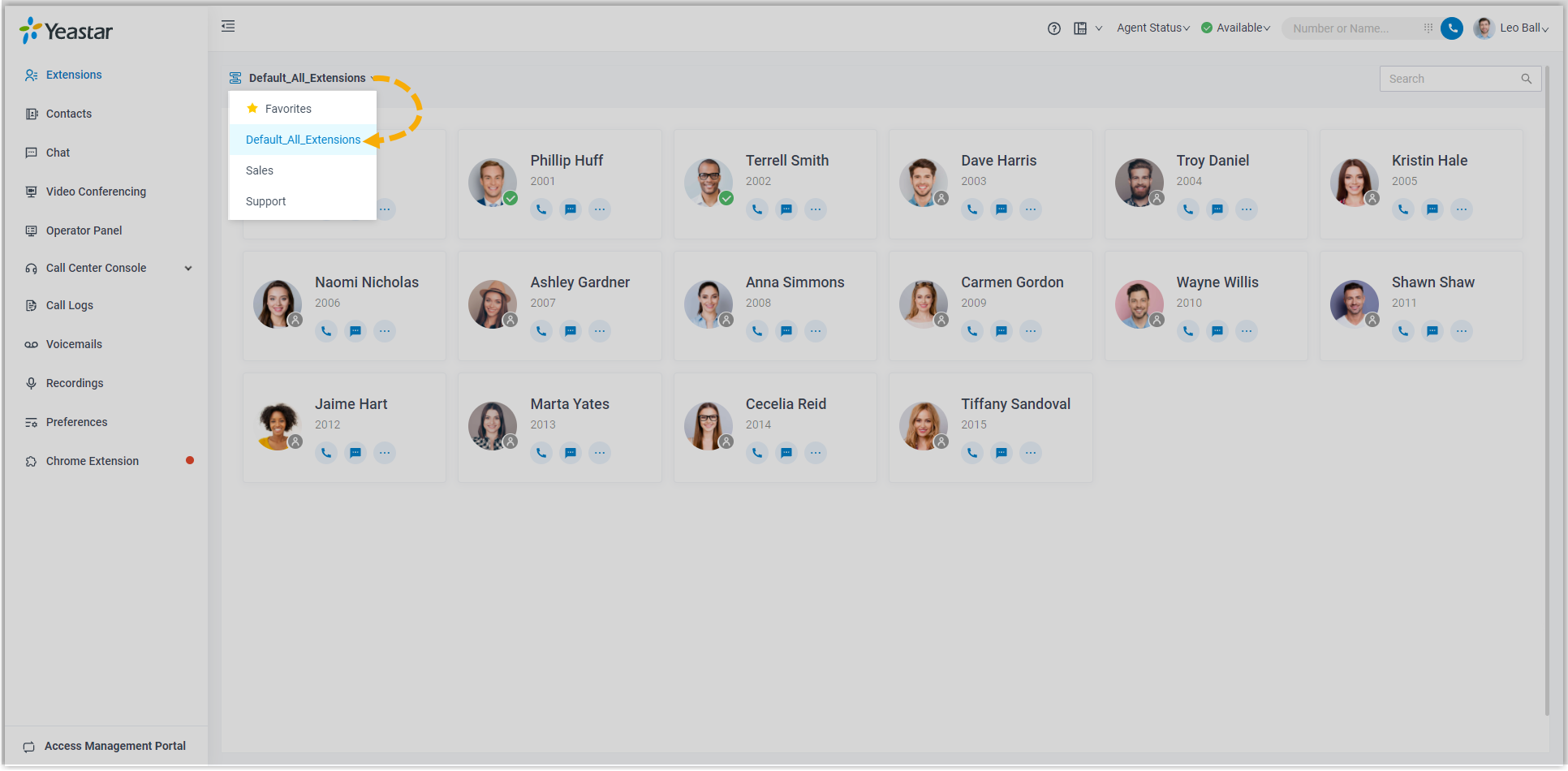 Cloud Voice, extension directory filtered to a selected group
