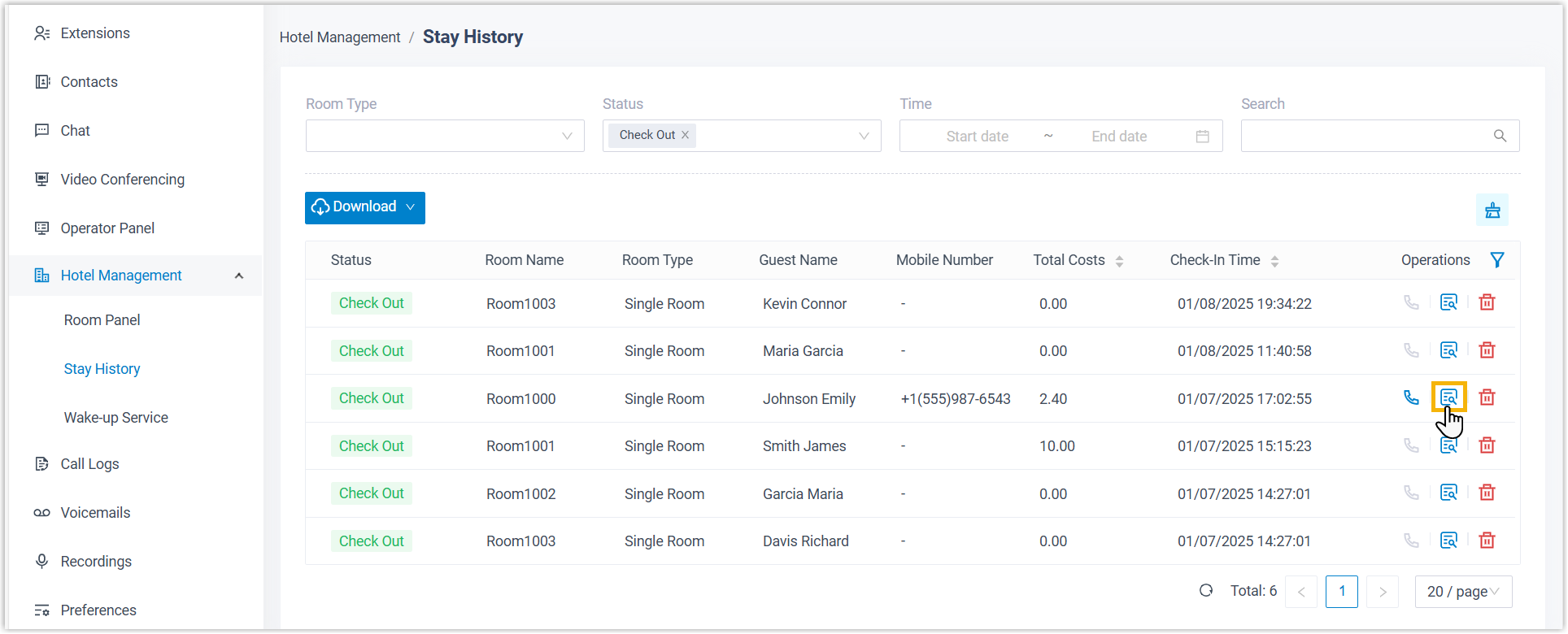 Opening a guest invoice from a Stay History record