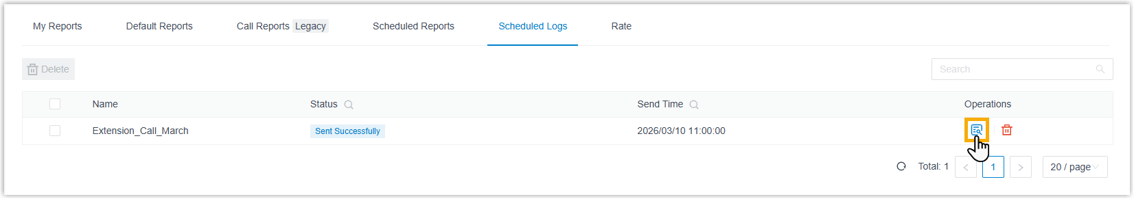 The Scheduled Logs tab listing a report task with the view control alongside it