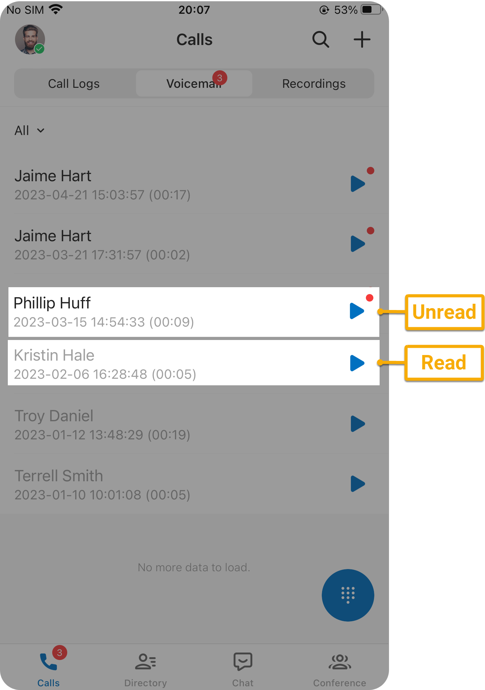 Voicemail list showing read and unread messages