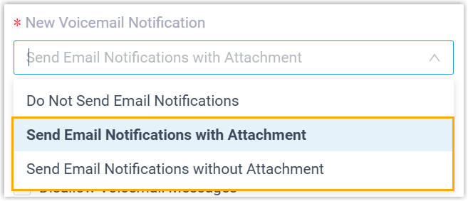 New Voicemail Notification settings with email delivery turned on