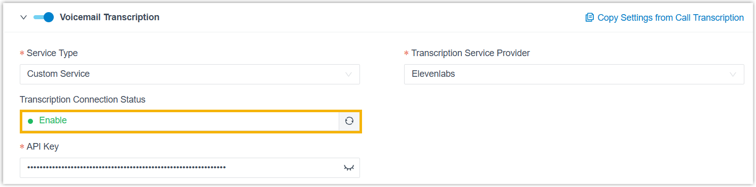 Voicemail transcription connection status showing the ElevenLabs service enabled