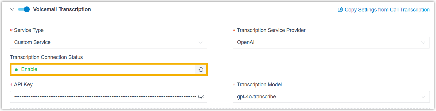 Transcription Connection Status showing Enable for OpenAI