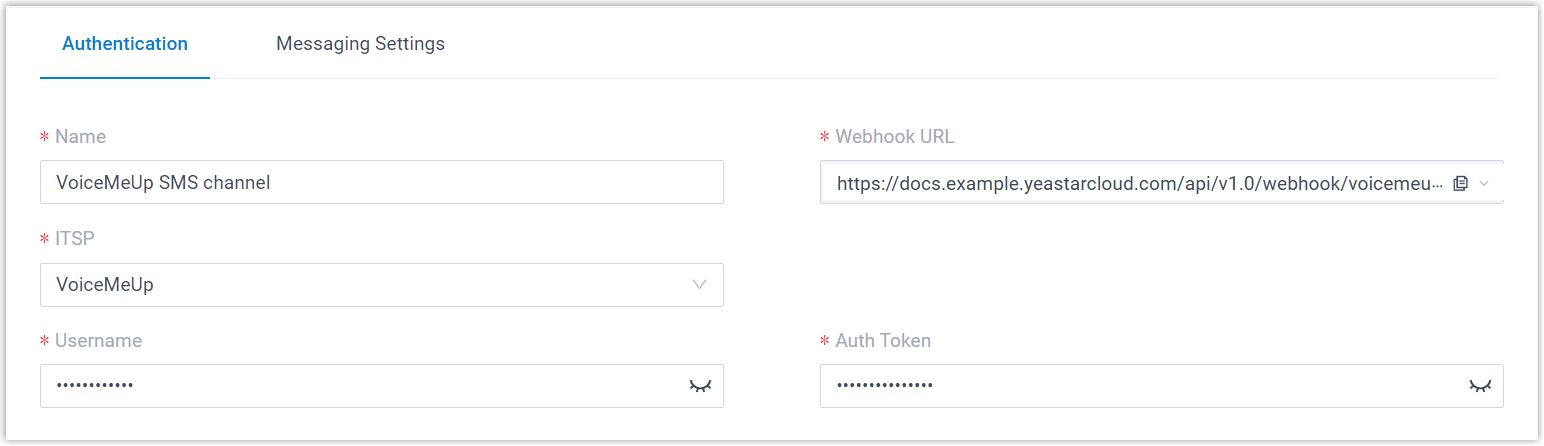 Cloud Voice, the Authentication tab of a VoiceMeUp SMS channel