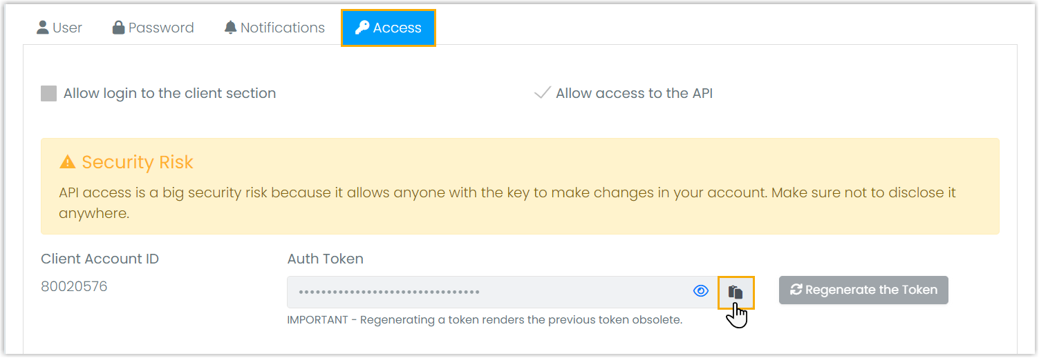 The VoiceMeUp account details page showing the Auth Token