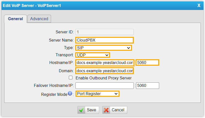 Cloud Voice, VoIP server settings dialog on the gateway with the SIP type, UDP transport, and port register mode selected