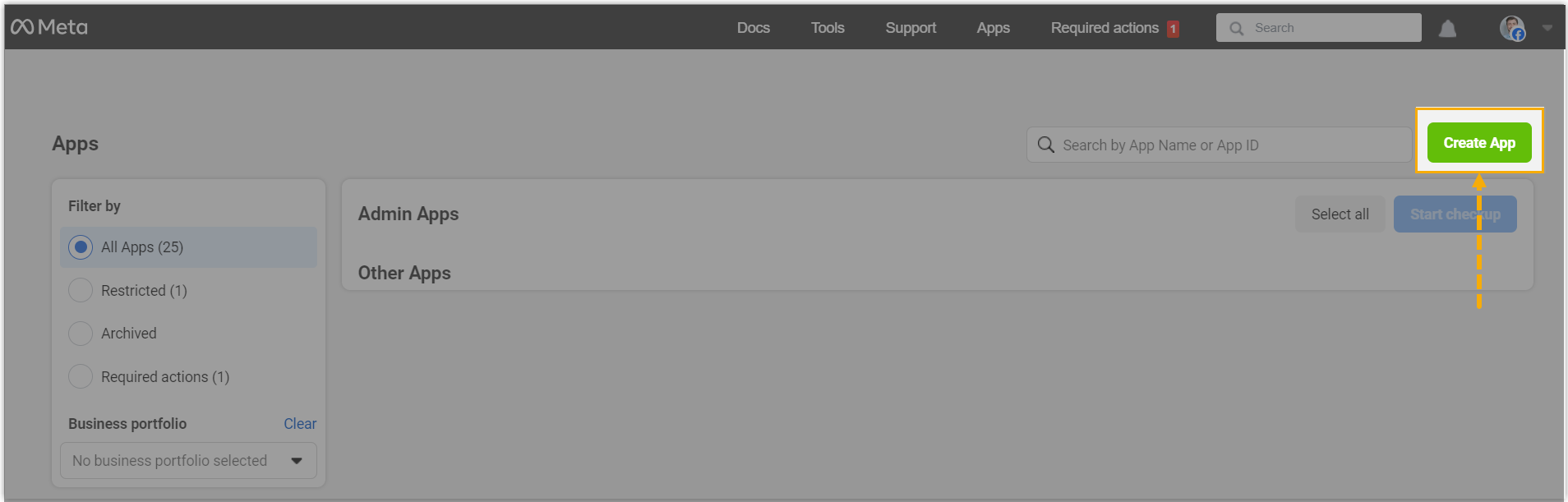 App type selection page with the Create App button