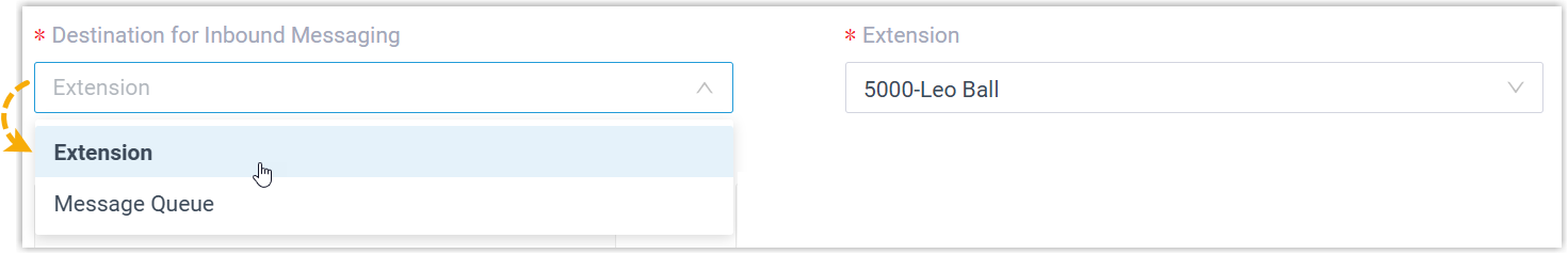 Destination for Inbound Messaging drop-down list