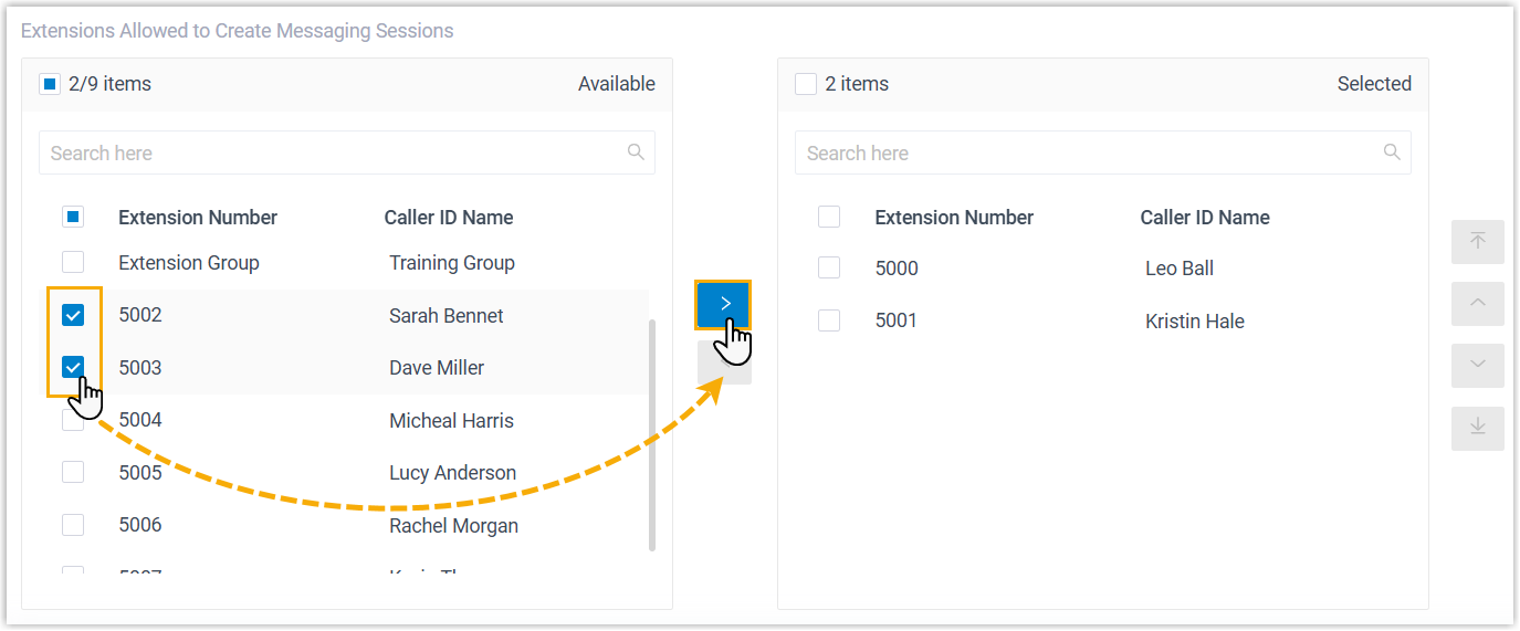 Extension selection list for allowing outbound session creation
