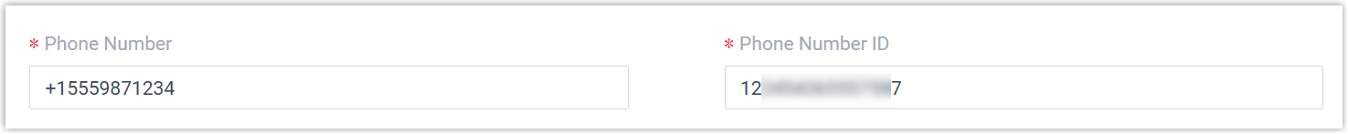 Messaging Settings tab with phone number and phone number ID fields