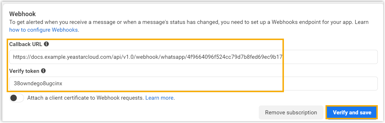 Cloud Voice, WhatsApp webhook configuration with the callback URL and verify token entered