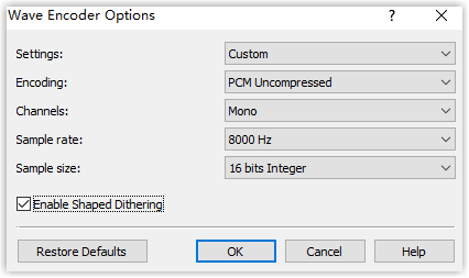 WavePad encoder options set to a mono 8000 Hz configuration
