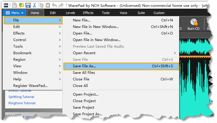 WavePad File menu with the Save File As command highlighted