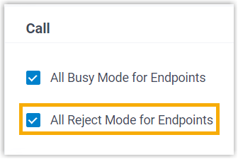 Features preferences with the all-reject option selected under the Call heading