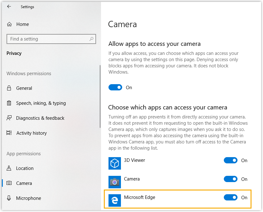 Windows app list with the browser permitted to use the camera
