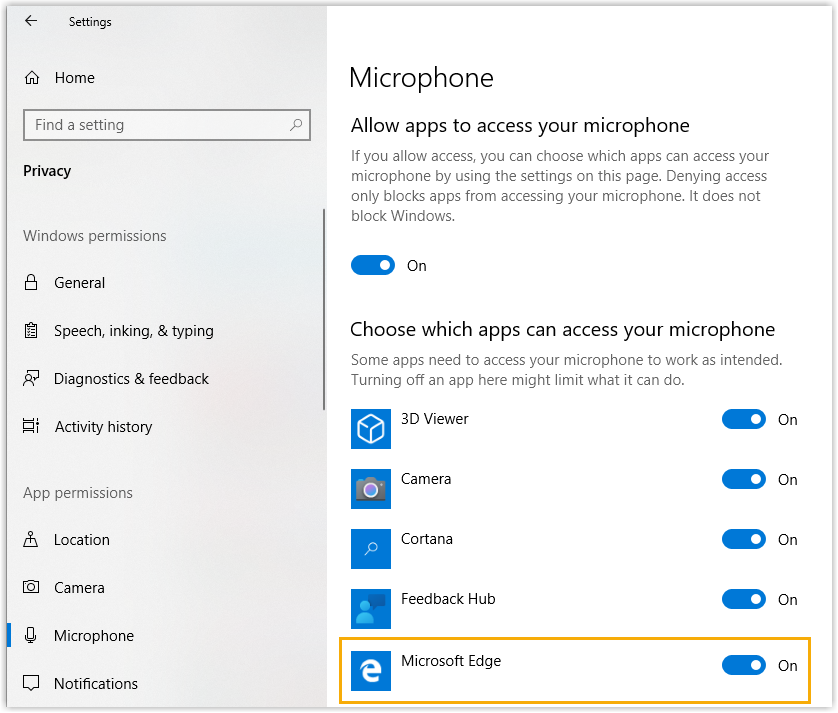 Windows app list with the browser permitted to use the microphone