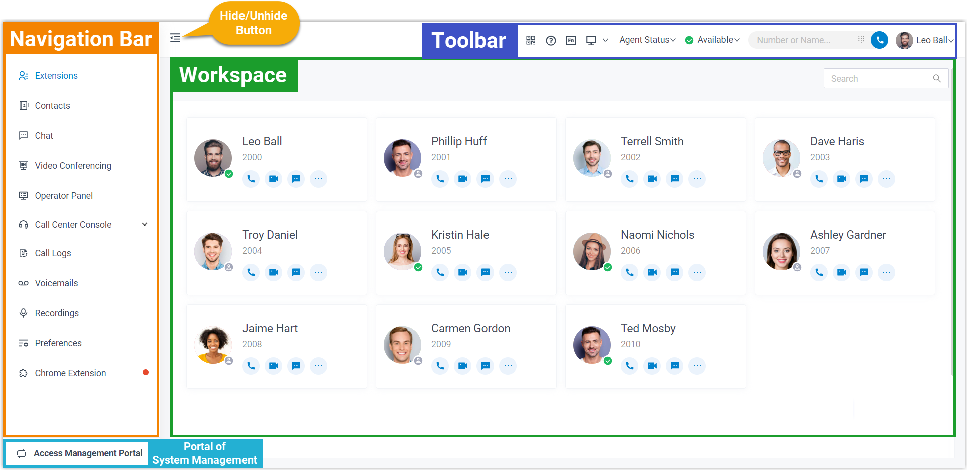 The Cloud Voice App web client with its navigation bar, toolbar, and central workspace