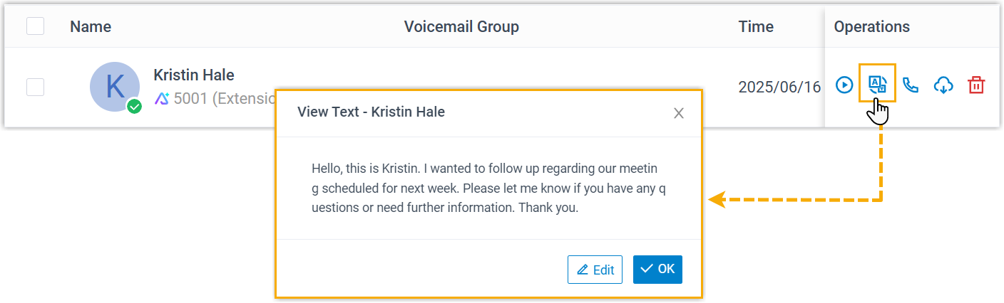 A voicemail displayed as transcribed text in the app