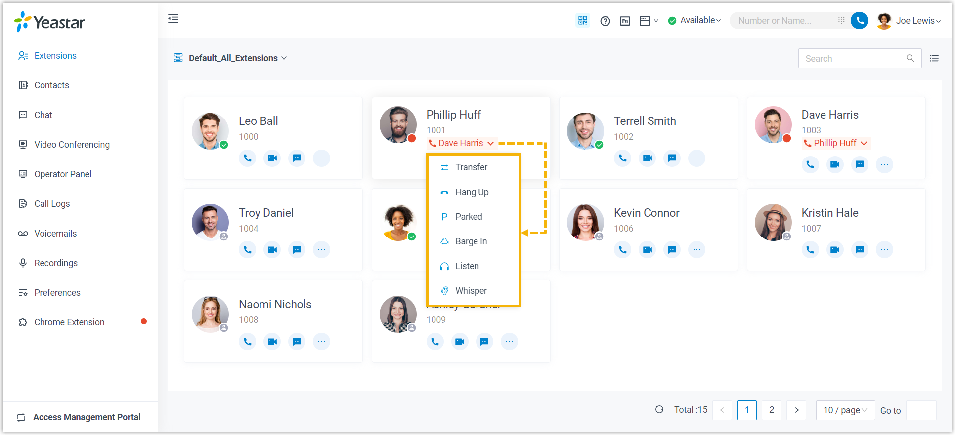 Cloud Voice, transfer, park, monitor, and hang-up actions for a connected call