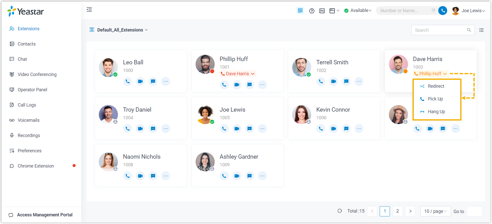 Cloud Voice, redirect, pick-up, and hang-up actions for a ringing call
