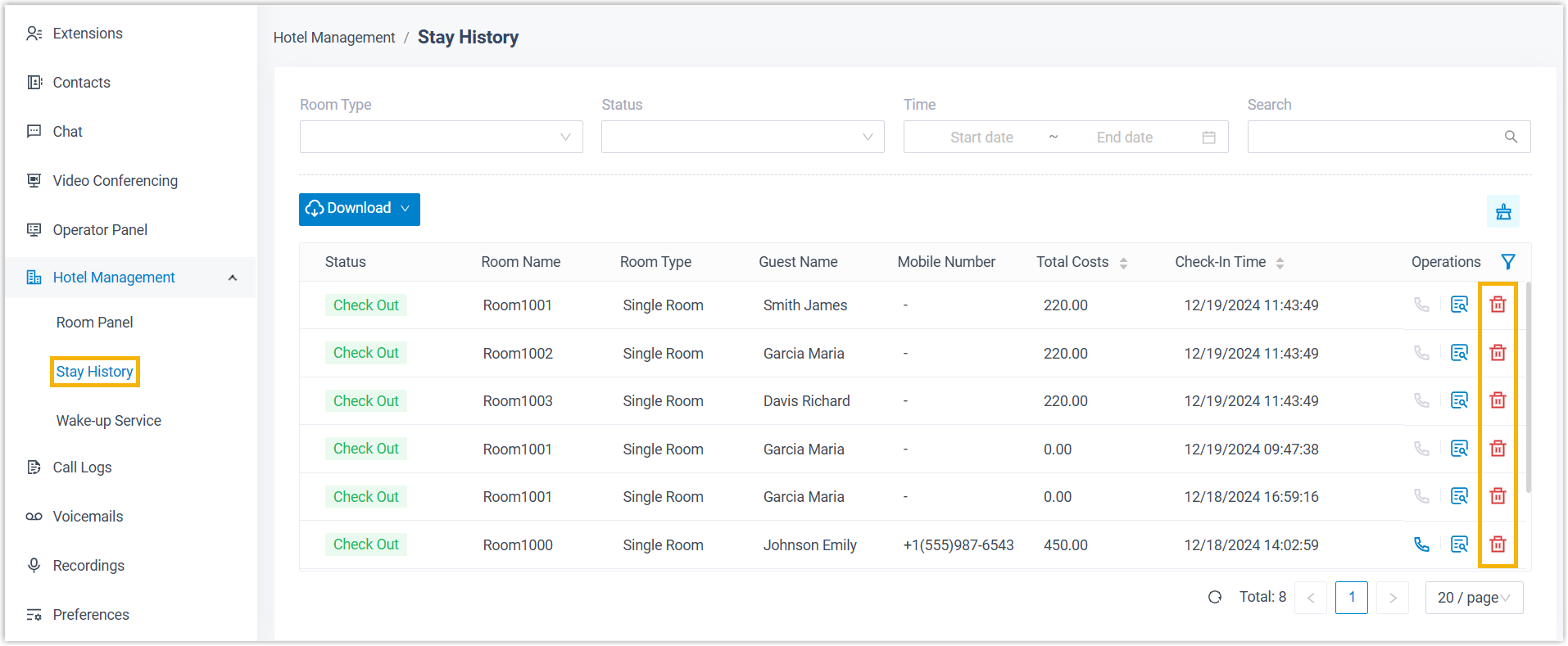 Deleting a check-in record from Stay History