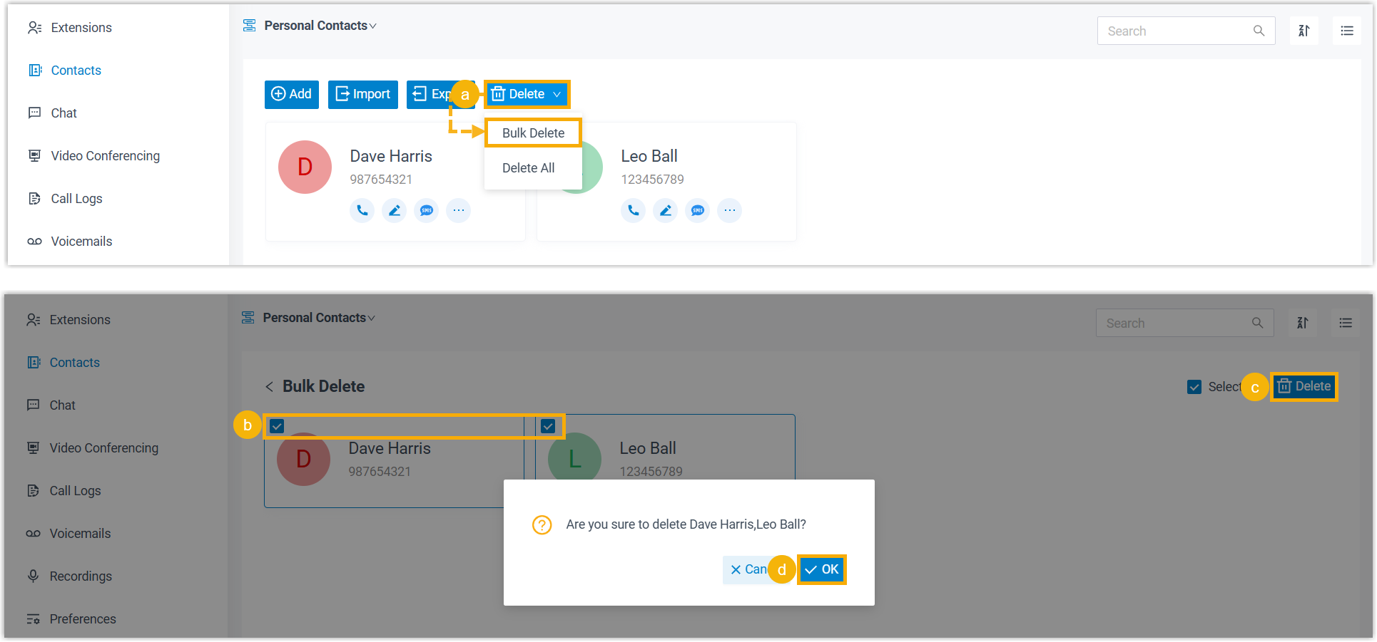 The contact list in bulk-selection mode with multiple contacts checked