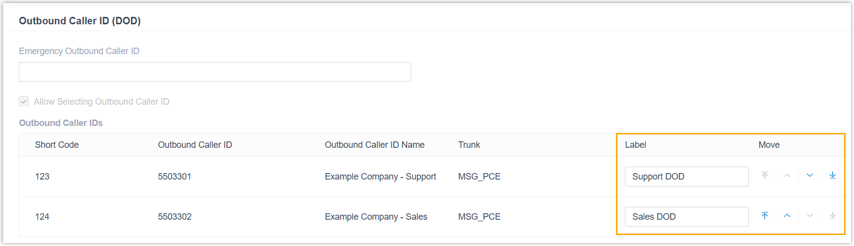 List of DOD numbers assigned to an extension, each with a label field and reorder controls
