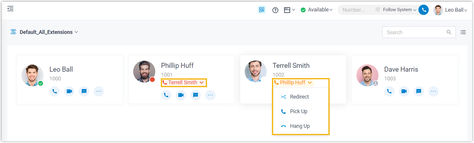 Extensions panel showing colleagues with live call-state indicators