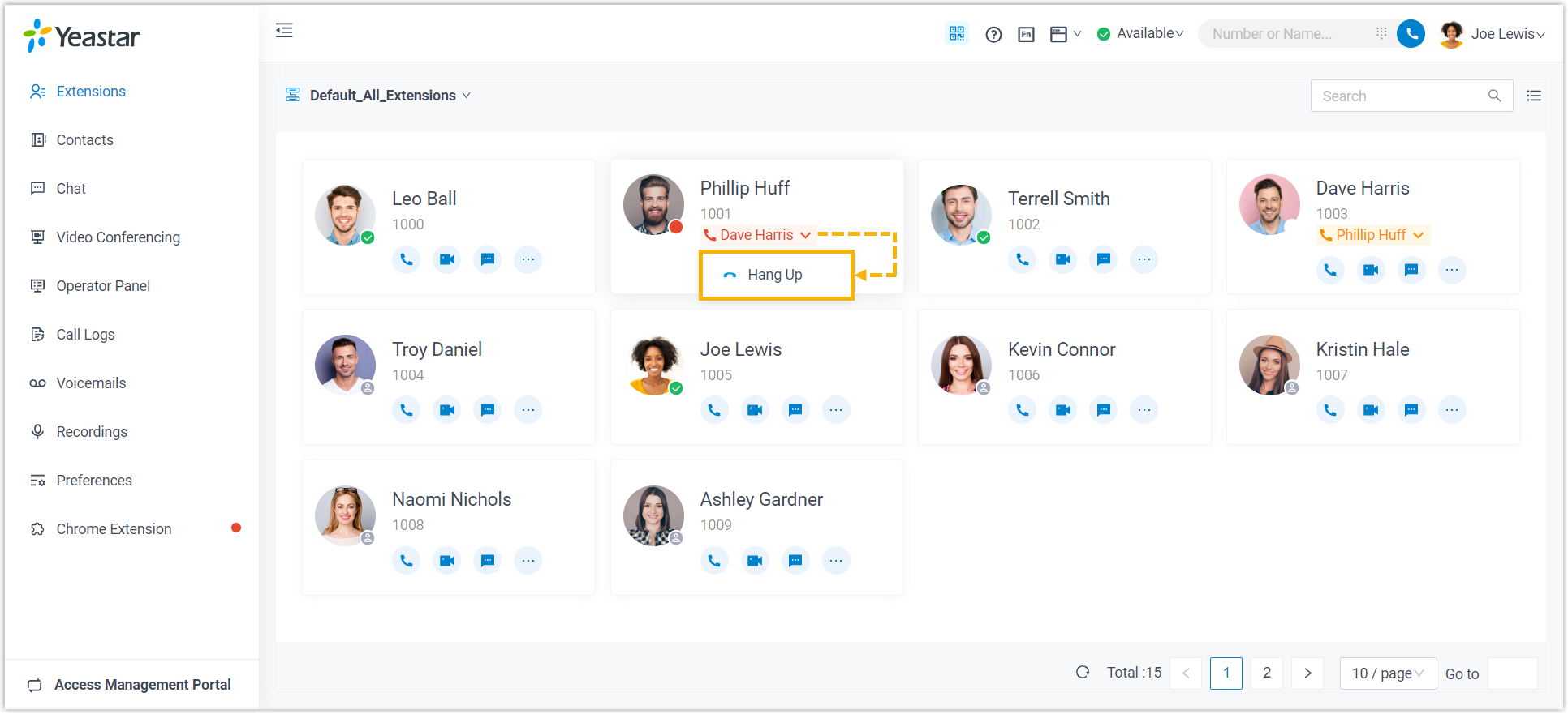 Cloud Voice, hang-up action for a colleague placing a call