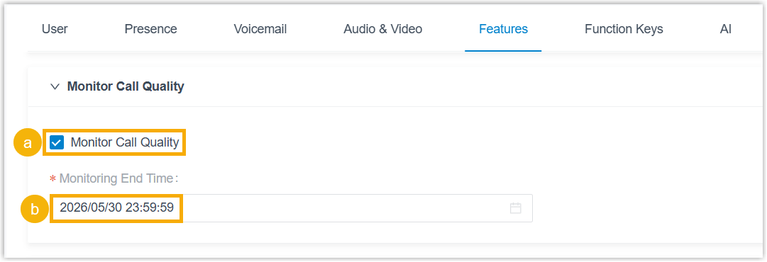 The Monitor Call Quality settings with the enable checkbox and the monitoring end time selector