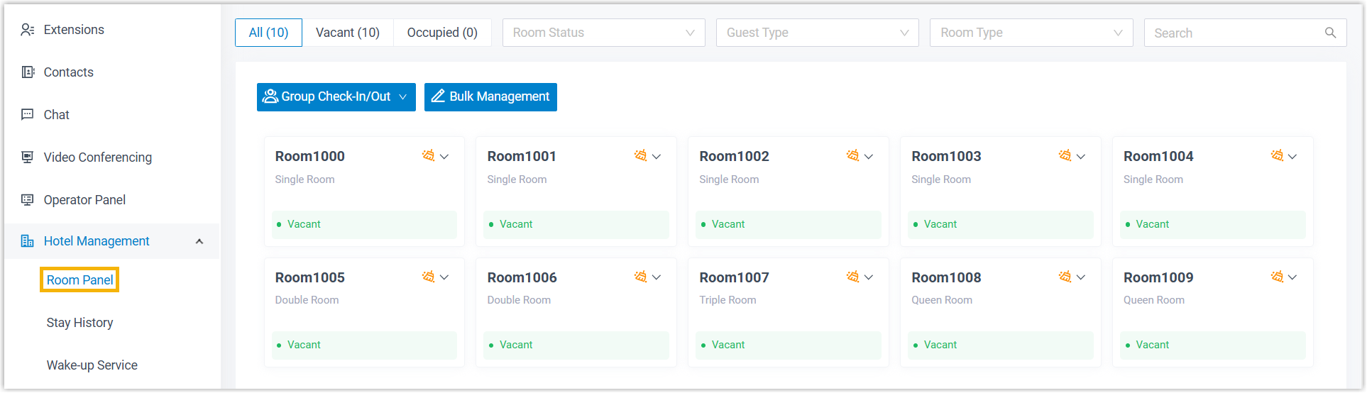 Room Panel in the Cloud Voice App showing room status and guest actions