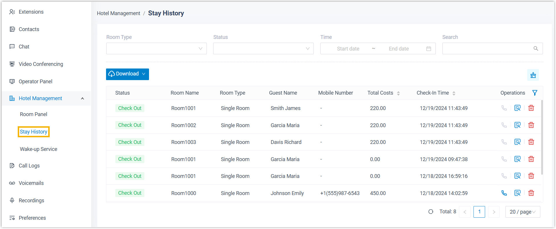 Stay History listing previous guest check-in records