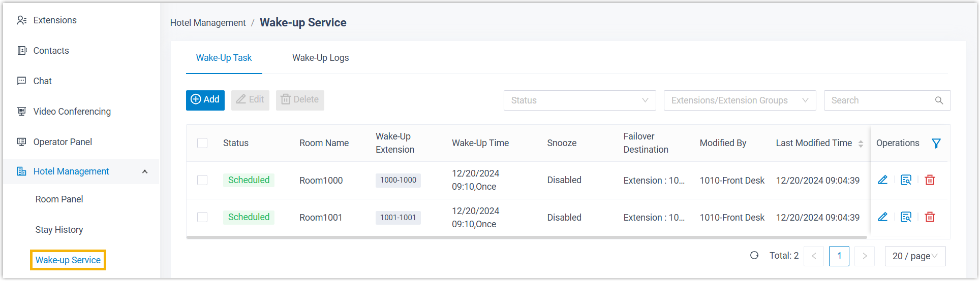 Wake-up Service view listing scheduled wake-up tasks