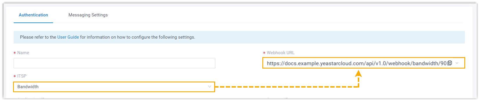 Cloud Voice, the SMS channel dialog with Bandwidth selected as the ITSP and the webhook URL shown