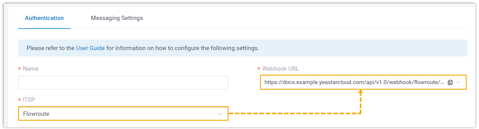 Cloud Voice, the SMS channel dialog with Flowroute selected and the generated webhook URL highlighted