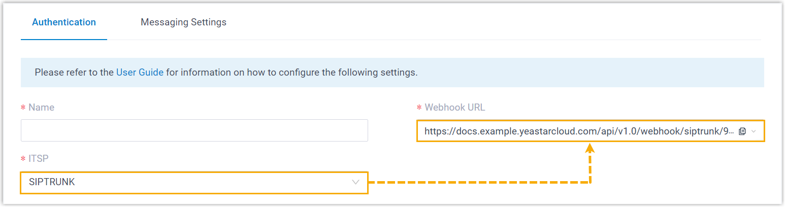 Cloud Voice, ITSP set to SIPTRUNK with the webhook URL ready to copy